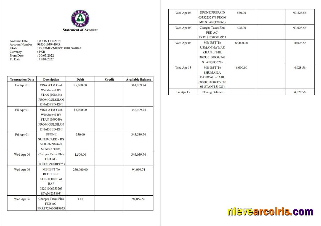 Pakistan Meezan bank statement 2 pages